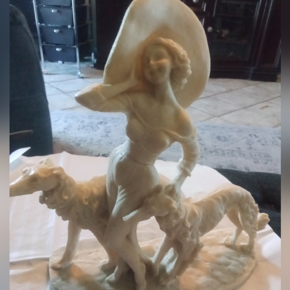 Vintage art  lady walking wolfhound